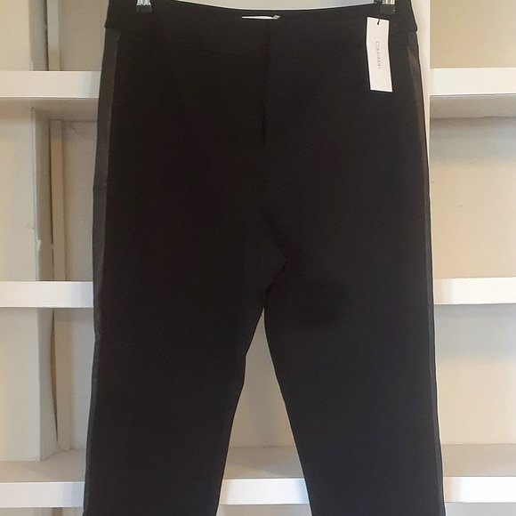 Calvin Klein Tuxedo Pants with Faux Leather Side Detail. Black.  Size 14 - Picture 1 of 4